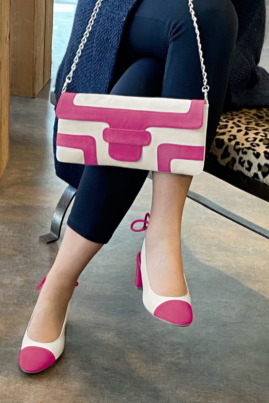Fuschia pink and off white women's slingback shoes. Round toe. Medium block heels. Worn view - Florence KOOIJMAN
